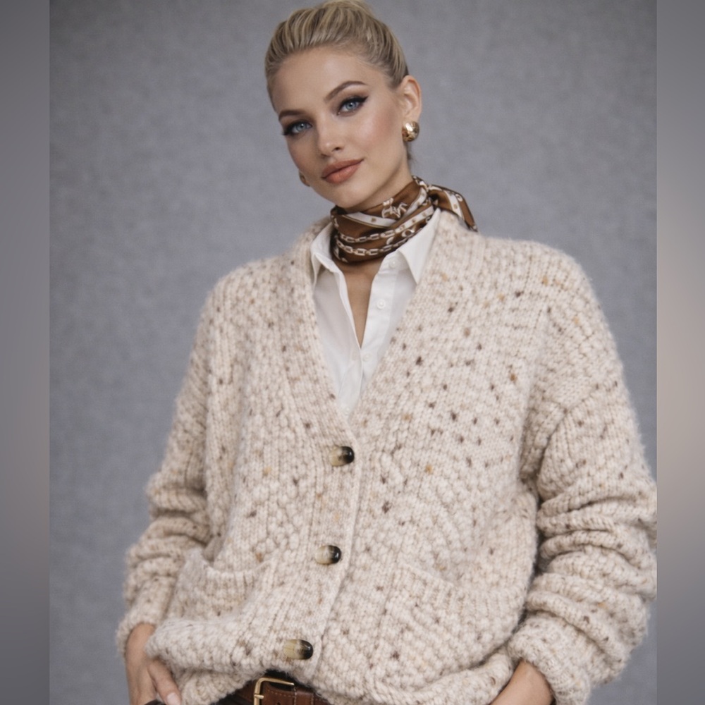 Zara Chunky Knit Cardigan NWT Oversized Speckled Sweater | Tortoise Buttons| M-L